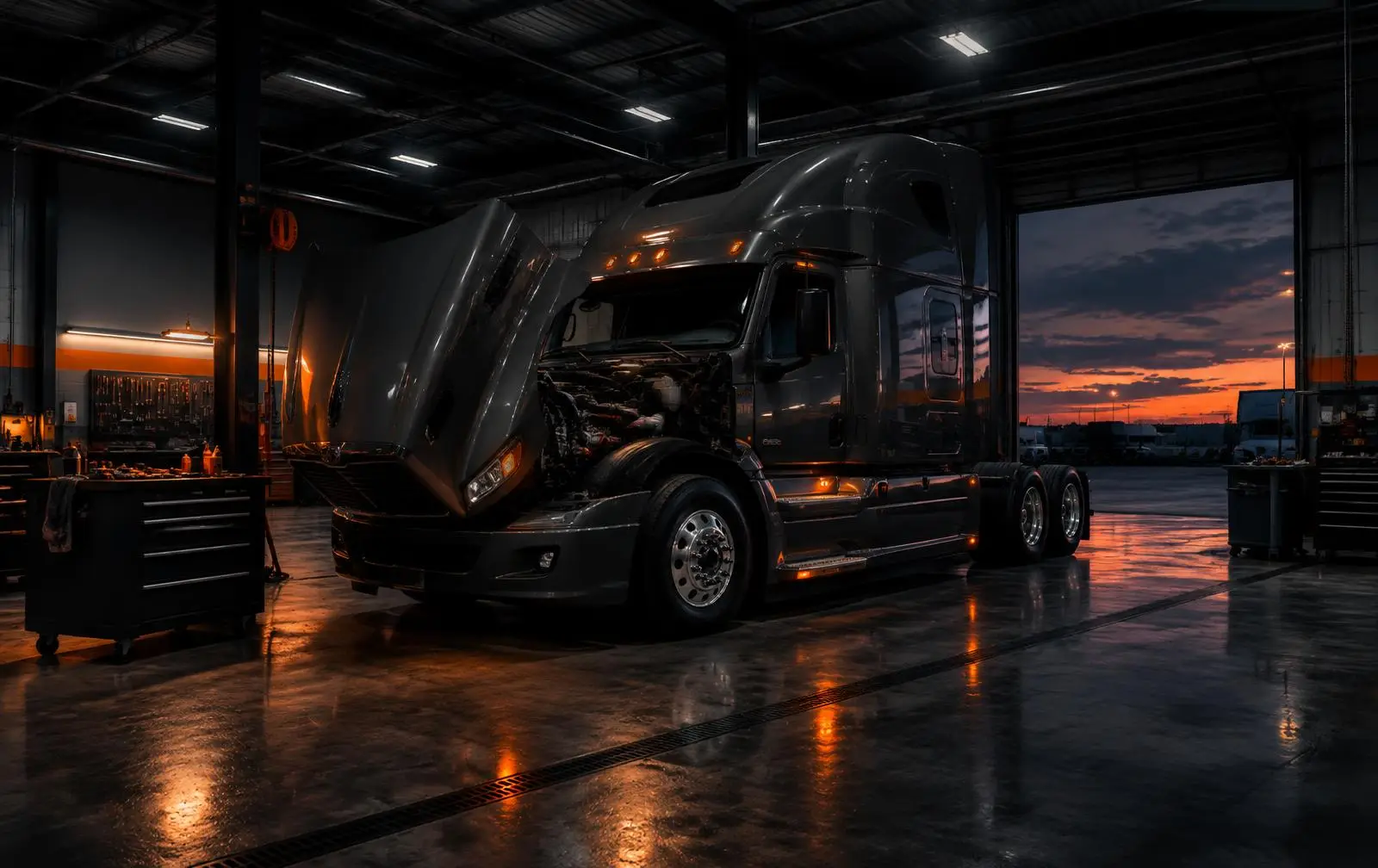 Semi truck with its hood open inside a truck repair shop