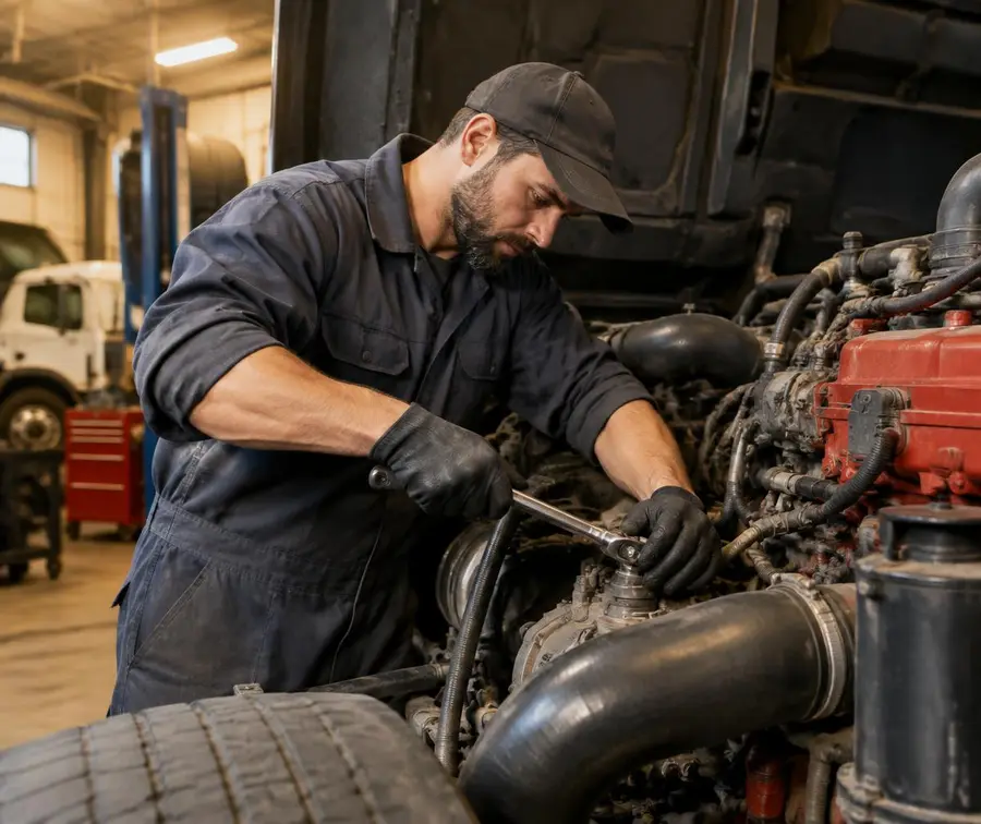 Mechanic working on the engine of a heavy-duty truck
